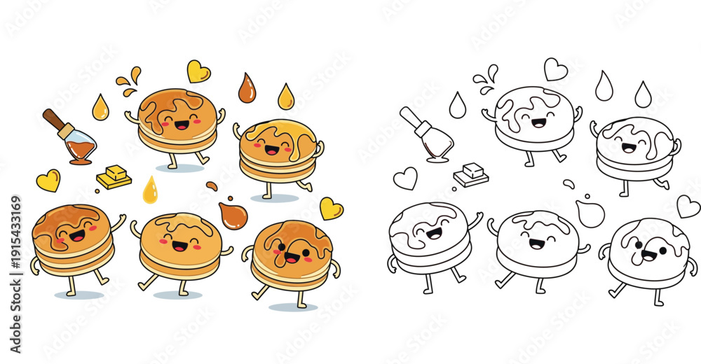 Fototapeta premium Cute cartoon pancakes characters set with syrup and butter. Vector illustration of happy breakfast food dancing. Colored and black and white outline for coloring book.
