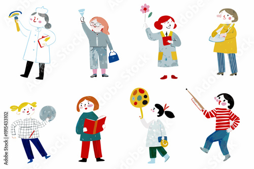 Eight stylized female figures in various professions and activities illustrated in a whimsical style