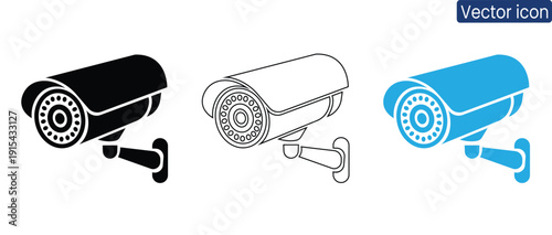Set of security camera icons in black, white, and blue, representing surveillance and protection
