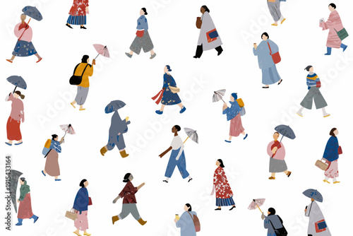 Diverse group of people walking and standing illustrated in a minimalist style against a white background