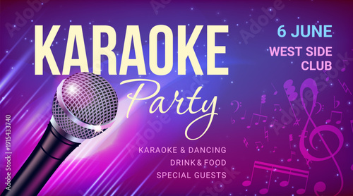Karaoke Night Music Event Banner with Microphone and Light Rays