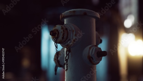 Photos A weathered fire hydrant with traces of rust rests in a shadowy alleyway, illuminated by soft street lights
