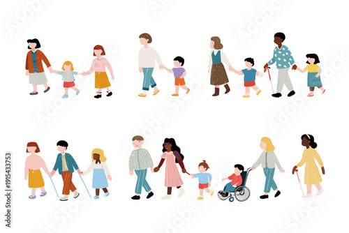 Diverse group of parents and children walking hand in hand including individuals using assistive devices