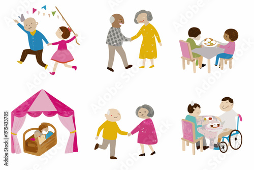 A colorful illustration depicts a family celebration with dancing dining and joyful outdoor activities