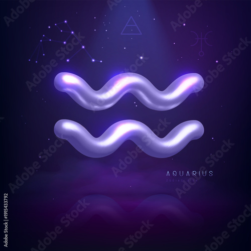 3d metallic magic astrology Aquarius zodiac sign and constellation on space background. Vector illustration