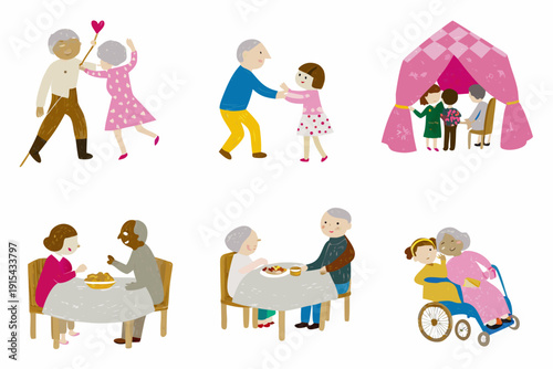 Illustrations depicting various family relationships and caregiving scenarios for elderly individuals