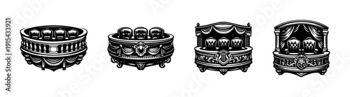 Flat vector icons set: theater balcony designs and vintage decorative elements