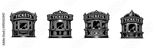 Ticket booth flat vector icons set: theater and cinema box office designs in retro style