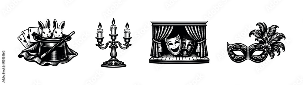 Naklejka premium Magic and theatre flat vector icons set: illusions, drama, and masks collection