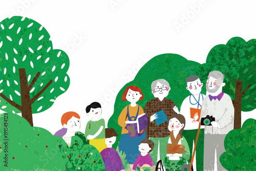 A family of diverse ages enjoys a sunny day in a lush green park environment