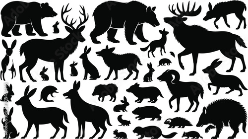 Forest animal silhouettes vector set, wild woodland mammals collection, bear deer wolf fox rabbit icons, black wildlife illustration