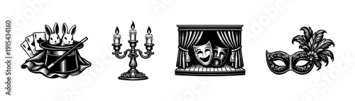 Magic and theatre flat vector icons set: illusions, drama, and masks collection