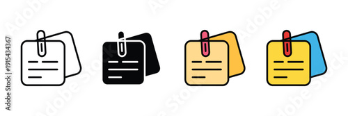 Paper clip with note icon vector. Memo pad with binder clip symbol for document organization, office supplies, school stationery, and reminder set. Vector Illustration