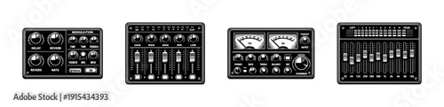 Audio equipment flat vector icons set: mixer, equalizer, modulation controls, sound interface