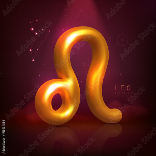 3d metallic magic astrology Leo zodiac sign and constellation on space background. Vector illustration