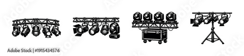 Stage lighting flat vector icons set. theater, concert, spotlight symbols collection