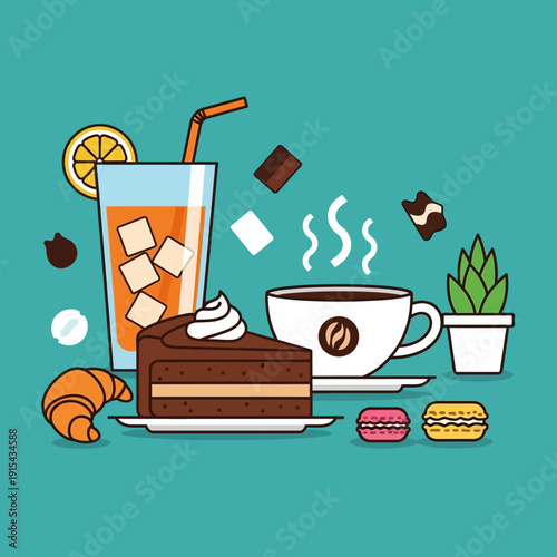 Delicious coffee break with cake, croissant, orange juice, and macarons