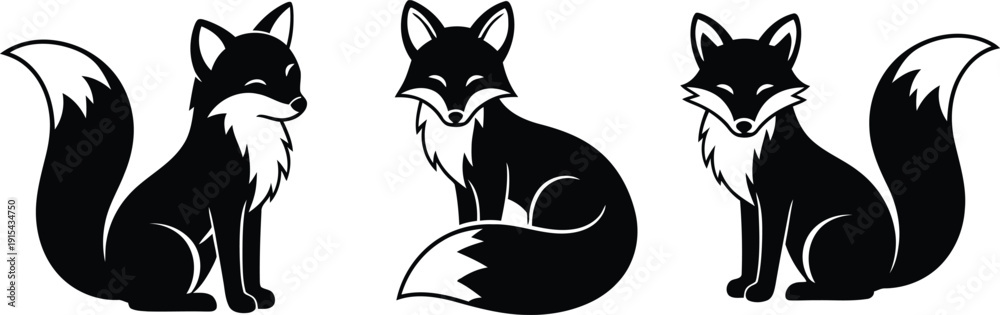 Obraz premium Three black and white illustrations of foxes in different poses