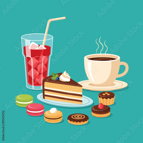 Sweet Treats Assortment: Cake, Coffee, Drink, Macarons, Pastries