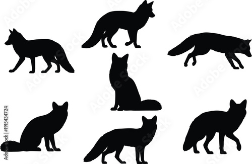 Collection of seven black fox silhouettes in various poses