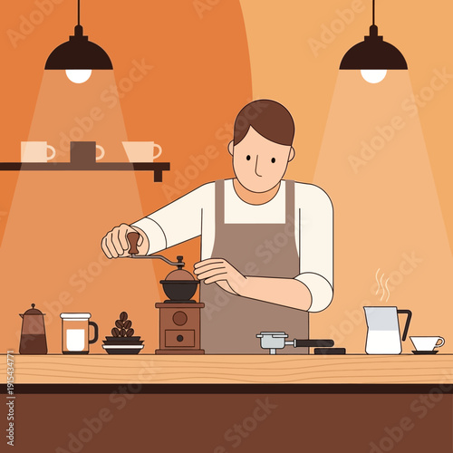 Barista Grinding Coffee Beans with Manual Grinder in Cafe