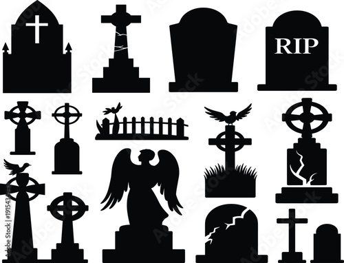 Gravestone silhouettes collection, cemetery tombstones and crosses isolated on white background Halloween graveyard vector illustration set