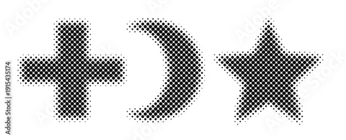 Set of halftone vector objects: cross, crescent, star. Dotted pattern.