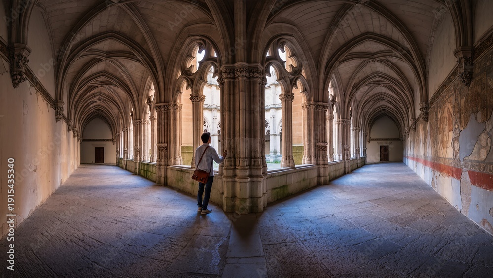 Obraz premium A serene moment in a historical architectural corridor with intricate arches