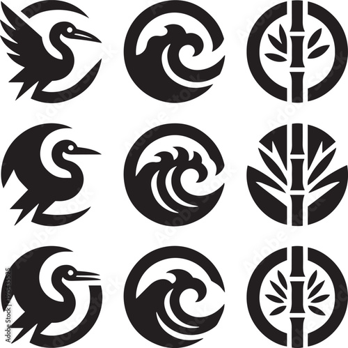Circular Logo Icons Featuring Crane Wave and Bamboo Motifs