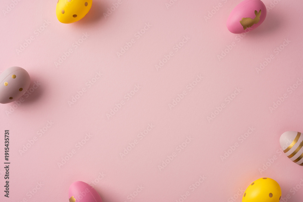 Naklejka premium Pastel Easter eggs arranged on a soft pink backdrop evoke a cheerful spring celebration and warm holiday greeting suitable for cards and decor