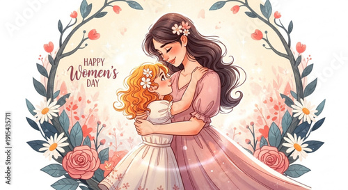 Mother and daughter hug on happy women's day with flowers and wreath love and care concept