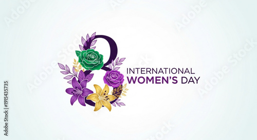 International women's day logo with purple and green flowers on white background celebrating equality and empowerment