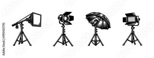 Studio lighting equipment icons set. flat vector icons for photography tools and gear illustrations