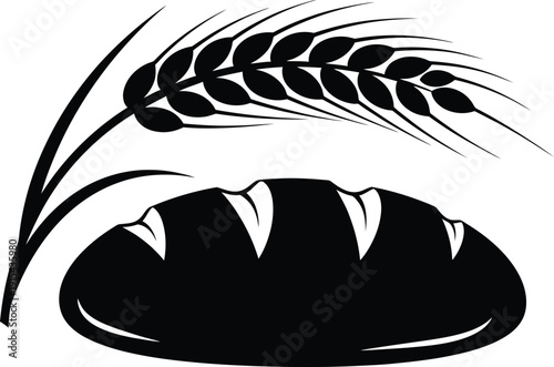 Simple black and white vector icon of a bread loaf and wheat stalk.