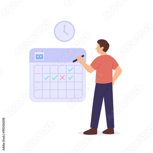 Punctuality Policy, ensuring timely attendance and discipline, Flat vector character illustration