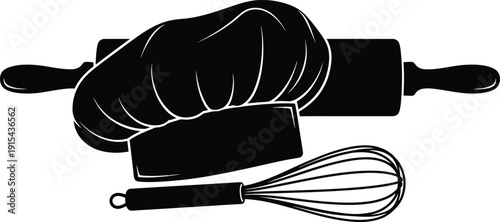 Chef hat, rolling pin, and whisk silhouette vector illustration for culinary design.