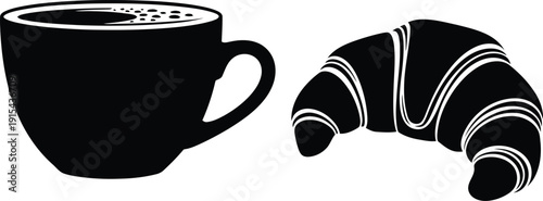 Simple black and white vector icon of a coffee cup and croissant.