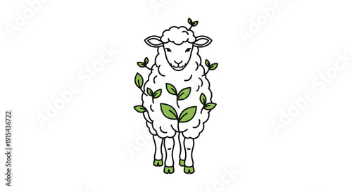 Lamb with green leaves growing on its body, nature theme
