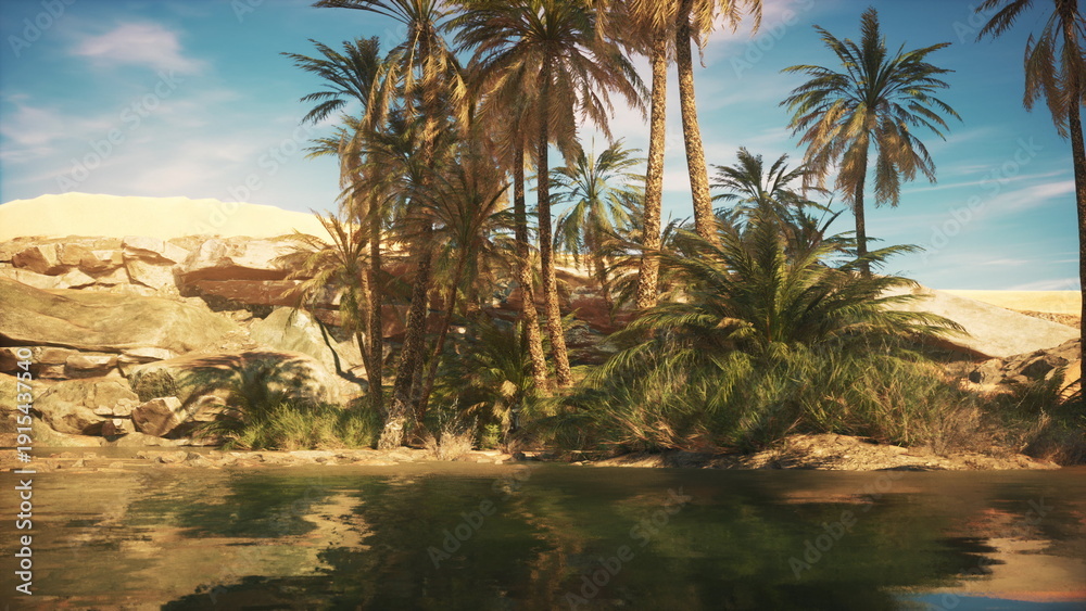 Obraz premium Nestled in a serene desert, this oasis showcases lush palm trees swaying gently in the breeze, with crystal clear water reflecting the warm sunlight. A peaceful escape from the arid surroundings.