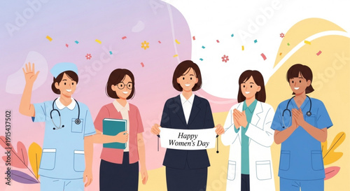 Diverse women celebrating women's day in various professions confetti and colorful background