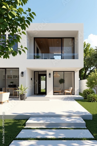 Modern two-story white house with large windows, a balcony, outdoor seating, and a landscaped lawn under a clear blue sky.