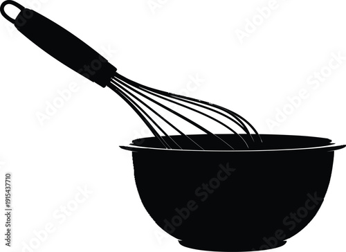 Black silhouette of a kitchen wire whisk in a mixing bowl.