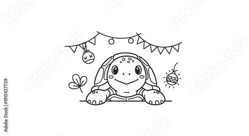 Cute Turtle at Festive Market with bunting and decorations