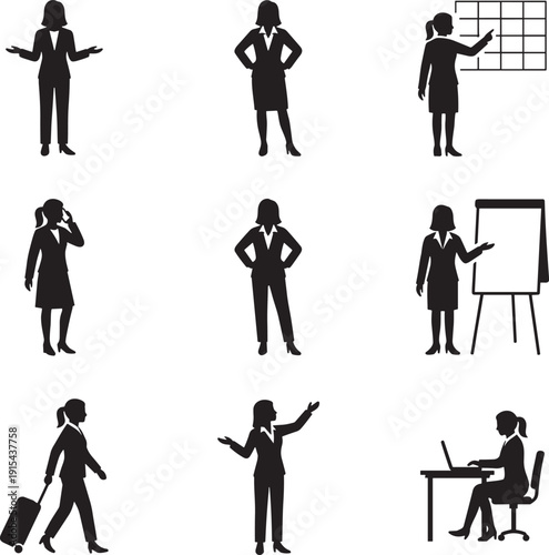 Businesswoman silhouette icons set, black professional female characters presenting working traveling and corporate activities collection