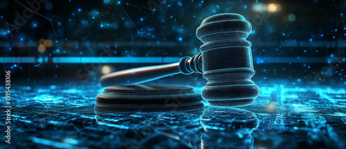 A symbolic representation of justice, embodied by a digital hammer on a technological surface, will serve as the primary background for legal websites or presentations on blockchain.