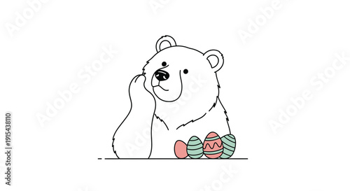Polar bear with Easter eggs resting on a line