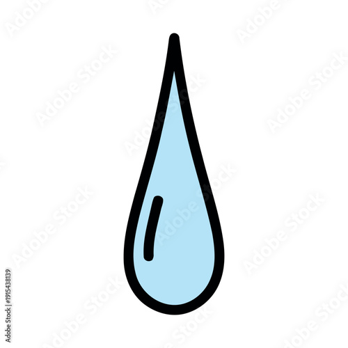 Long, slender light blue water drop with a black outline. Elongated teardrop or rain icon in a doodle style.