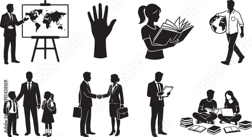 Education and business people silhouette icons set, global learning professional teaching and study concepts