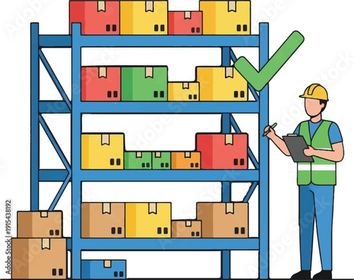 Warehouse Worker Checking Inventory Stock on Shelves with Clipboard