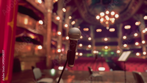 Bright lights illuminate an empty theater, creating an inviting atmosphere. A microphone stands poised at the front, ready for artists to deliver memorable performances in this grand setting.